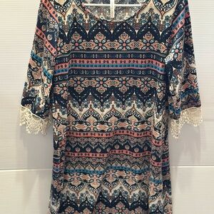 Bohemian Patterned Dress with Lace Sleeves
